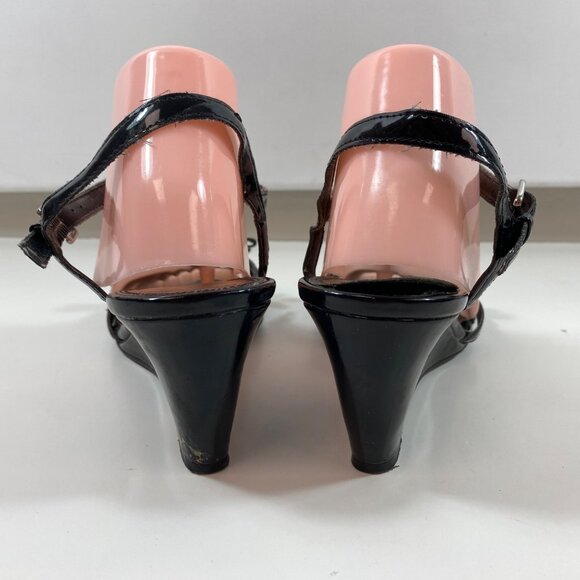 Predictions Womens Black Patent Leather T-Strap Wedge Heel Sandals Bow Size 9.5 - Picture 9 of 14